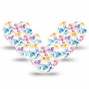 ExpressionMed Luminous Florals Freestyle Libre 2 and Libre 2 Plus Heart Shape Tape, Abbott Lingo,  5-Pack Tape and 5-Pack Sticker Pastel Pink Blue Yellow Garden, Adhesive Patch CGM Design
