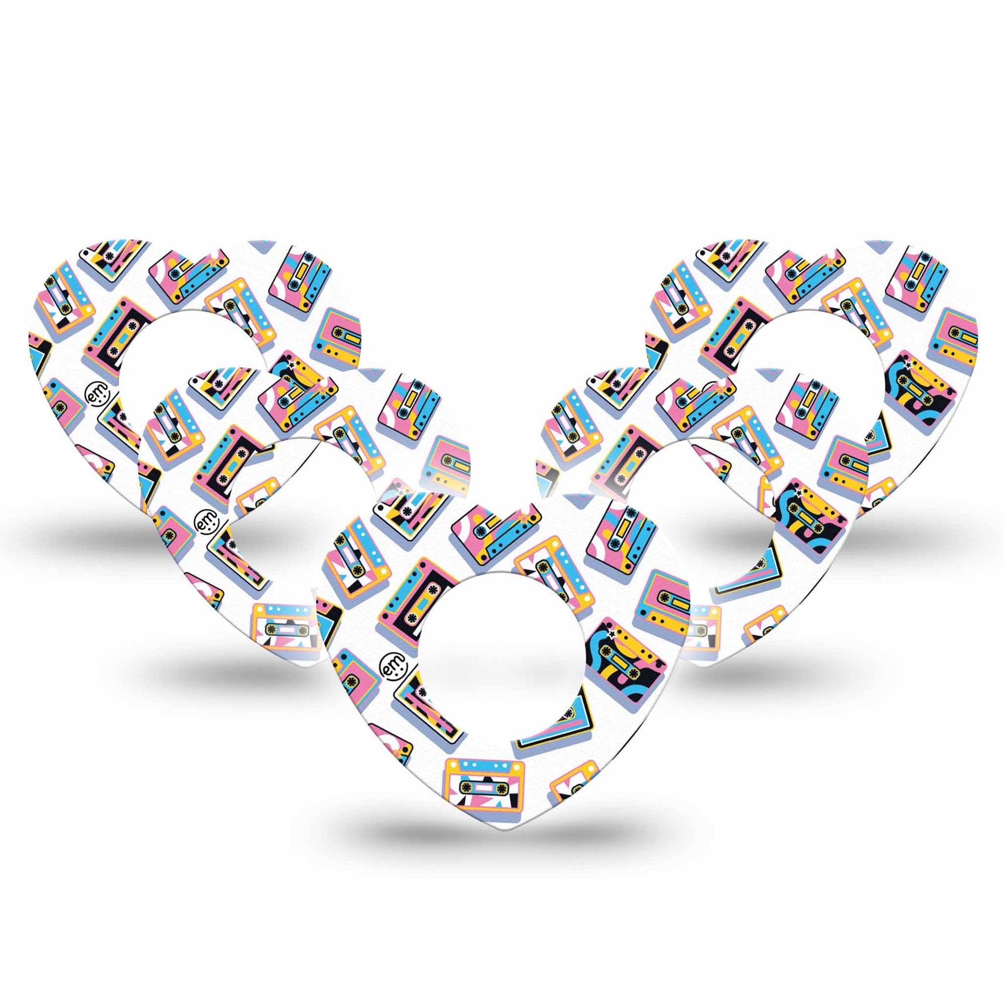 ExpressionMed Vintage Music Tapes Freestyle Libre 2 and Libre 2 Plus Heart Shape Tape, Abbott Lingo, 5-Pack Tape Fun Colorful Music Tapes, Adhesive Patch CGM Design