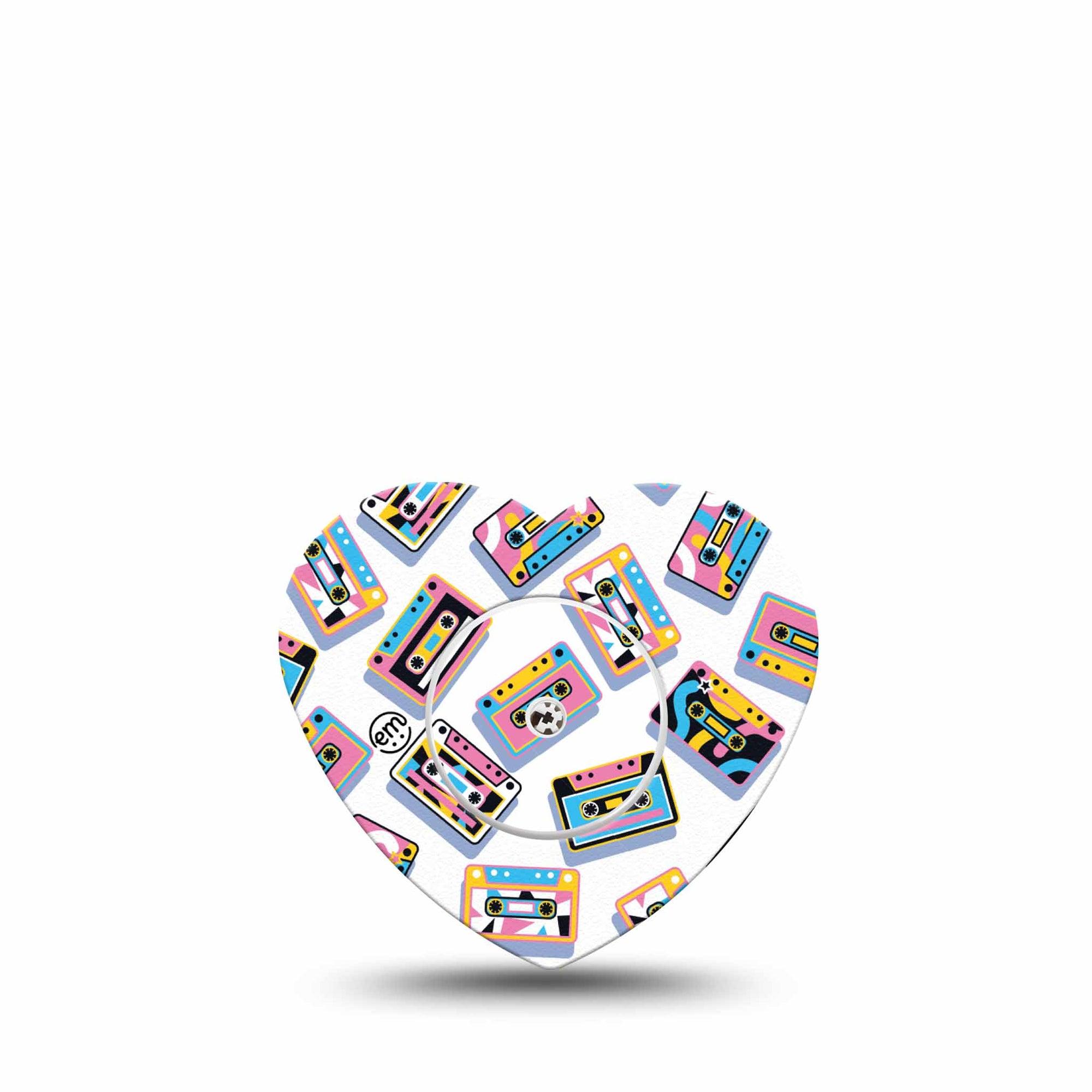 ExpressionMed Vintage Music Tapes Freestyle Libre 2 and Libre 2 Plus Heart Shape Tape, Abbott Lingo, Single Tape and Single Sticker Funky Bright Music Tapes, Adhesive Patch CGM Design