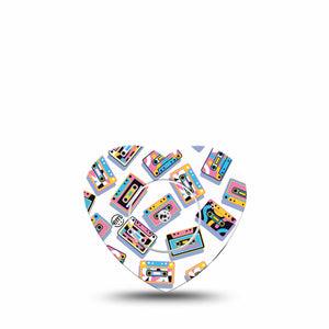 ExpressionMed Vintage Music Tapes Freestyle Libre 2 and Libre 2 Plus Heart Shape Tape, Abbott Lingo, Single Tape and Single Sticker Funky Bright Music Tapes, Adhesive Patch CGM Design