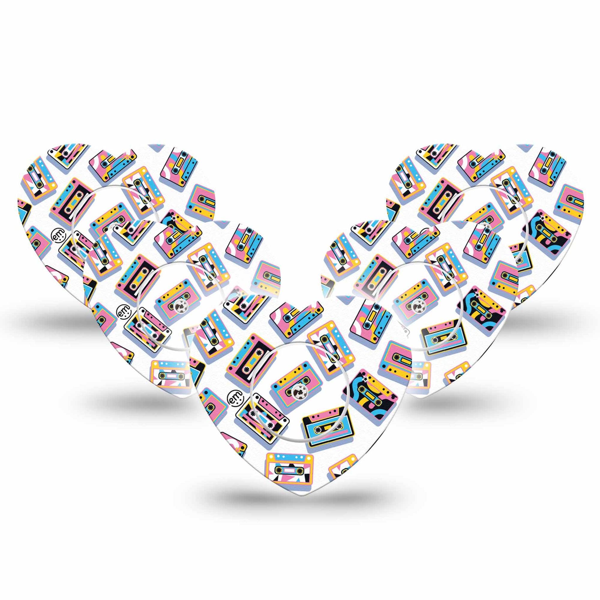 ExpressionMed Vintage Music Tapes Freestyle Libre 2 and Libre 2 Plus Heart Shape Tape, Abbott Lingo, 5-Pack Tape and 5-Pack Sticker Fun Colorful Music Tapes, Adhesive Patch CGM Design