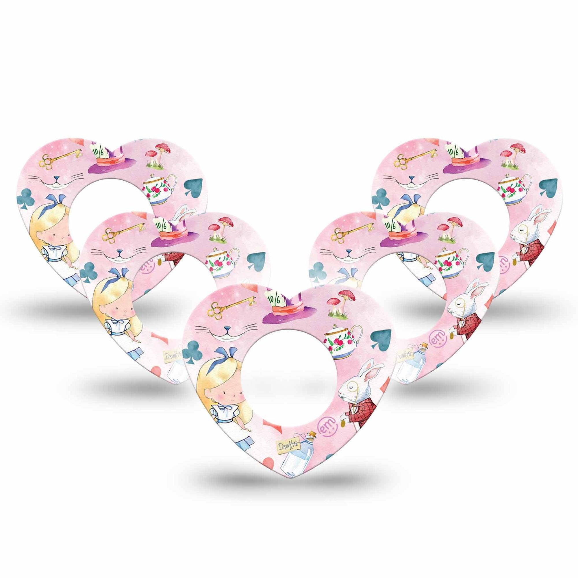 ExpressionMed Alice in Wonderland Freestyle Libre 2 and Libre 2 Plus Heart Shape Tape, Abbott Lingo, 5-pack Tape Cheshire Cat Pink Theme, Adhesive Patch CGM Design