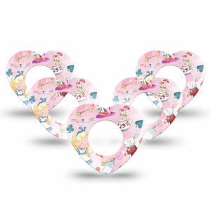 ExpressionMed Alice in Wonderland Freestyle Libre 2 and Libre 2 Plus Heart Shape Tape, Abbott Lingo, 5-pack Tape Cheshire Cat Pink Theme, Adhesive Patch CGM Design