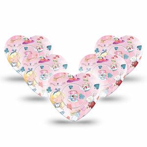 ExpressionMed Alice in Wonderland Freestyle Libre 2 and Libre 2 Plus Heart Shape Tape, Abbott Lingo, 5-Pack Tape and 5-Pack Sticker Alice In Wonderland Theme, Adhesive Patch CGM Design