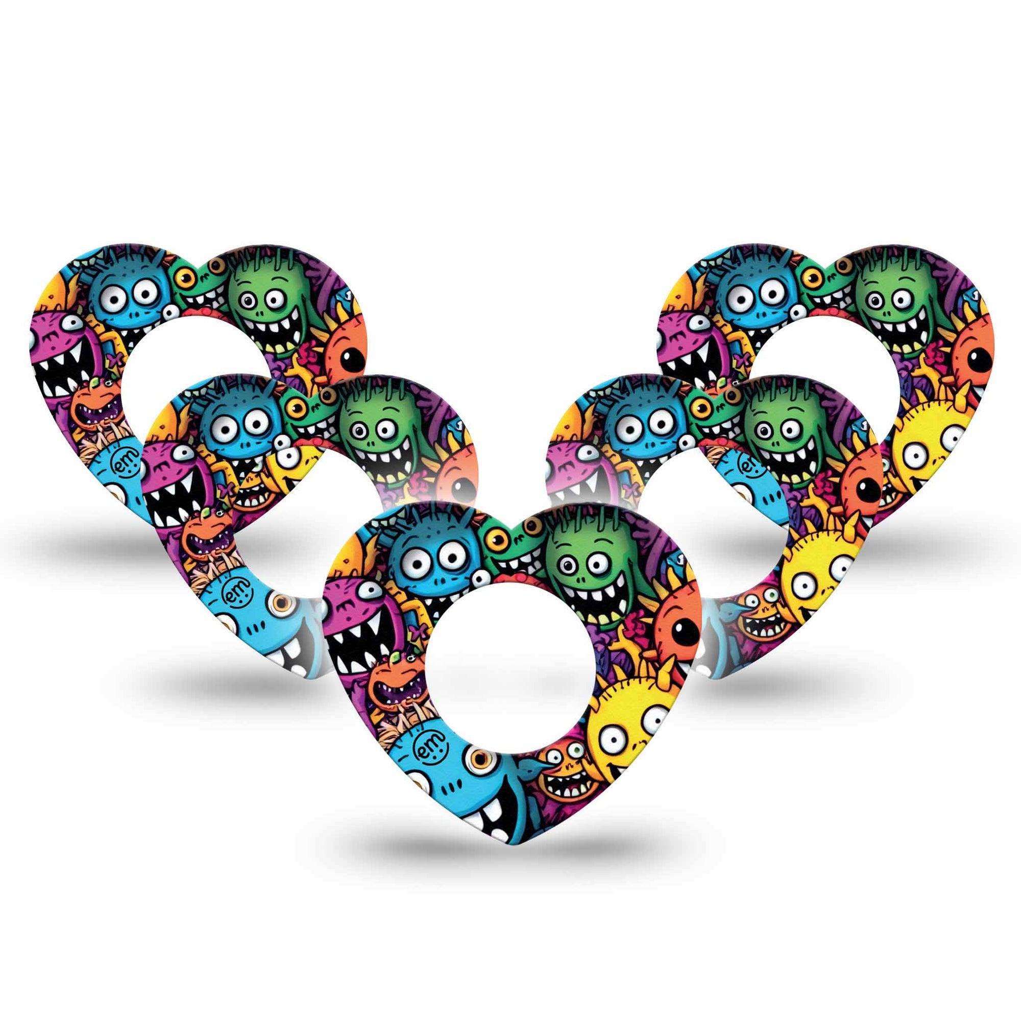 ExpressionMed Funky Monsters Freestyle Libre 2 and Libre 2 Plus Heart Shape Tape, Abbott Lingo, 5-Pack Tape Cute Fun Monsters, Adhesive Patch CGM Design