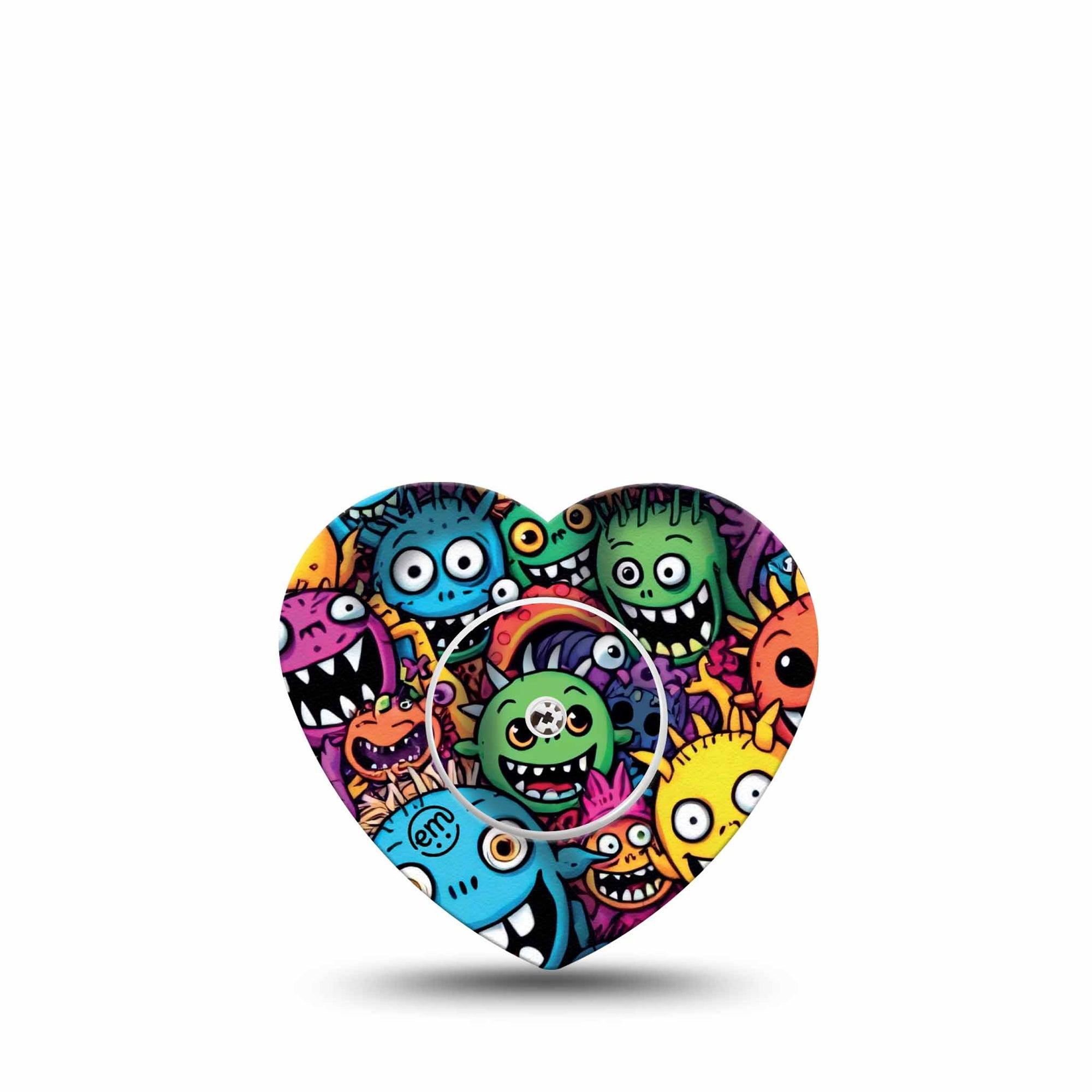 ExpressionMed Funky Monsters Freestyle Libre 2 and Libre 2 Plus Heart Shape Tape, Abbott Lingo, Single Tape and Single Sticker Bright Scary Fun Monsters, Adhesive Patch CGM Design