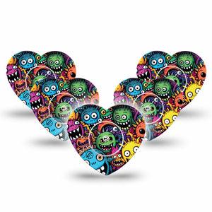 ExpressionMed Funky Monsters Freestyle Libre 2 and Libre 2 Plus Heart Shape Tape, Abbott Lingo, 5-Pack Tape and 5-Pack Sticker Goofy Fun Monsters, Adhesive Patch CGM Design