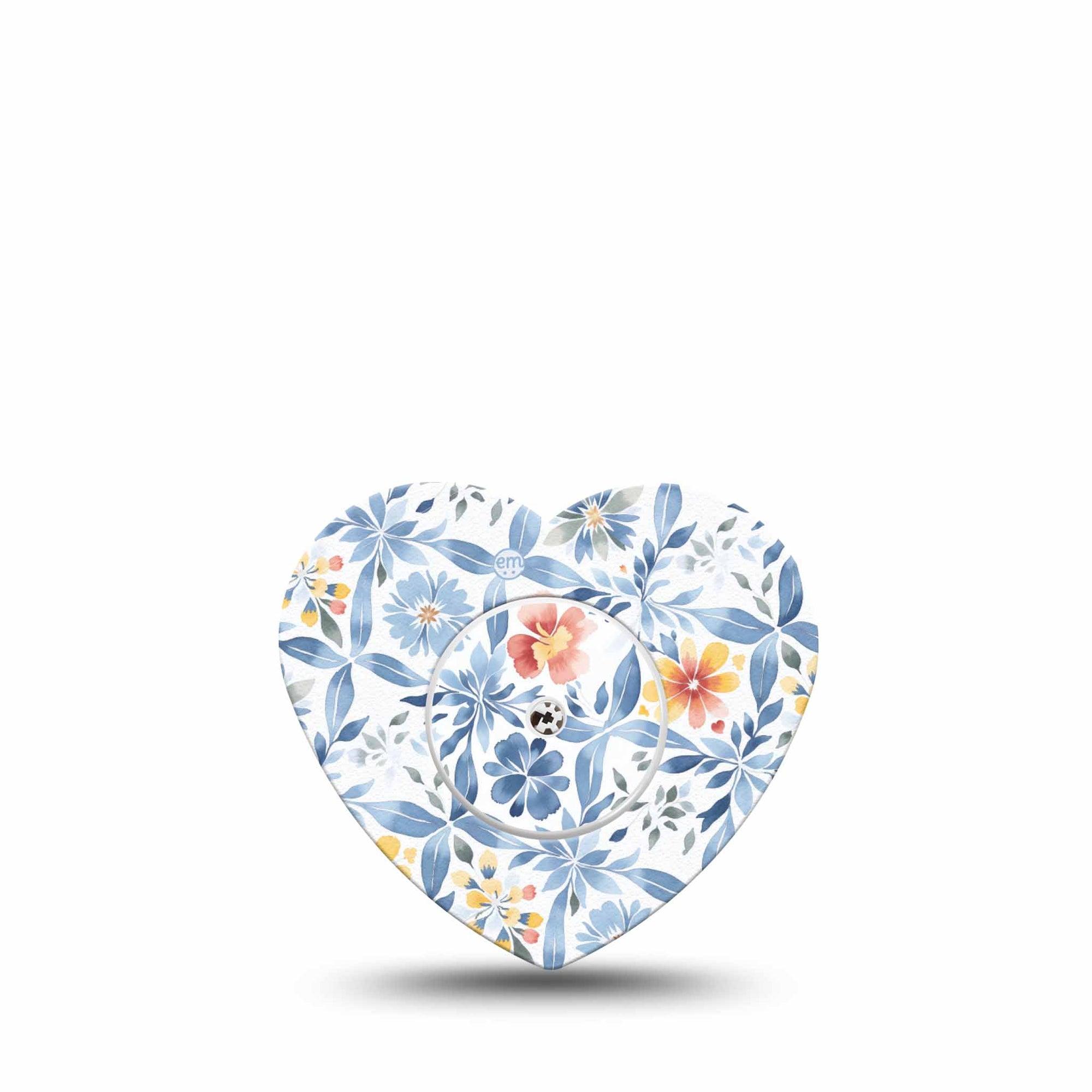 ExpressionMed Blue and Yellow Tile Freestyle Libre 2 and Libre 2 Plus Heart Shape Tape, Abbott Lingo, Single Tape and Single Sticker Faded Blue Orange Florals Details, Adhesive Patch CGM Design