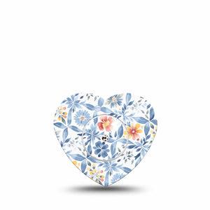 ExpressionMed Blue and Yellow Tile Freestyle Libre 2 and Libre 2 Plus Heart Shape Tape, Abbott Lingo, Single Tape and Single Sticker Faded Blue Orange Florals Details, Adhesive Patch CGM Design