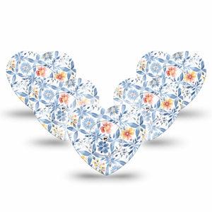 ExpressionMed Blue and Yellow Tile Freestyle Libre 2 and Libre 2 Plus Heart Shape Tape, Abbott Lingo, 5-Pack Tape and 5-Pack Sticker Aesthetic Blue Floral Tile Pattern, Adhesive Patch CGM Design