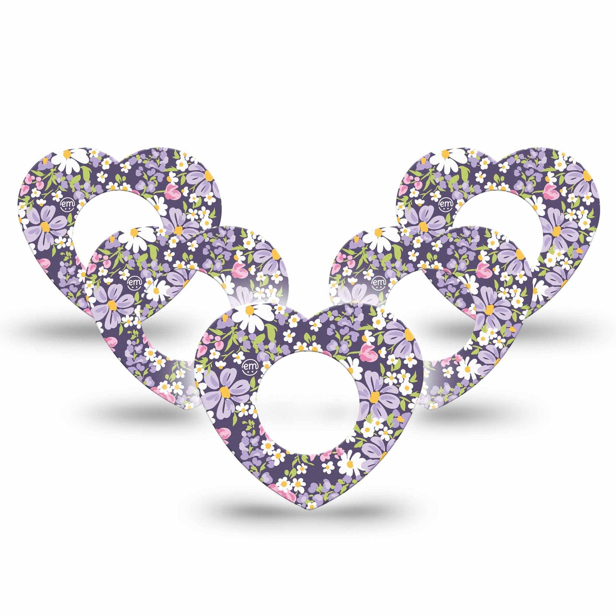 ExpressionMed Purple and Pink Flowers Freestyle Libre 2 and Libre 2 Plus Heart Shape Tape, Abbott Lingo, 5-Pack Tape Purple Spring Flowers, Adhesive Patch CGM Design