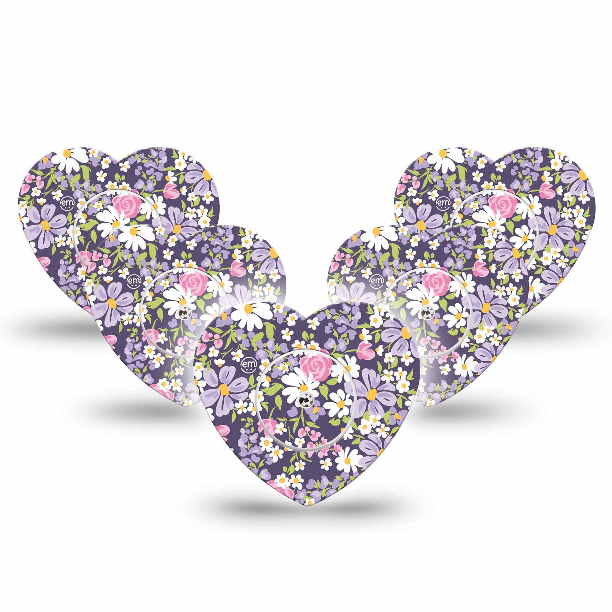 ExpressionMed Purple and Pink Flowers Freestyle Libre 2 and Libre 2 Plus Heart Shape Tape, Abbott Lingo, 5-Pack Tape and 5-Pack Sticker Purple Spring Flowers, Adhesive Patch CGM Design