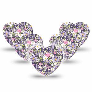 ExpressionMed Purple and Pink Flowers Freestyle Libre 2 and Libre 2 Plus Heart Shape Tape, Abbott Lingo, 5-Pack Tape and 5-Pack Sticker Purple Spring Flowers, Adhesive Patch CGM Design