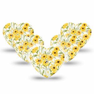 ExpressionMed Yellow Mosaic Floral Freestyle Libre 2 and Libre 2 Plus Heart Shape Tape, Abbott Lingo, 5-Pack Tape and 5-Pack Sticker Yellow Gold-Toned Garden, Adhesive Patch CGM Design