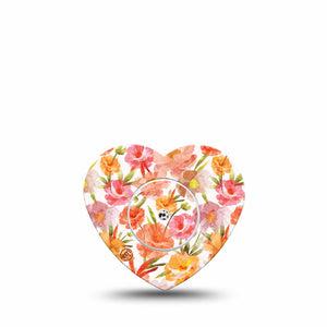 ExpressionMed Peach Dusk Freestyle Libre 2 and Libre 2 Plus Heart Shape Tape, Abbott Lingo, Single Tape and Single Sticker Charming Pink Orange Flowers, Adhesive Patch CGM Design
