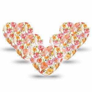 ExpressionMed Peach Dusk Freestyle Libre 2 and Libre 2 Plus Heart Shape Tape, Abbott Lingo, 5-Pack Tape and 5-Pack Sticker Translucent Summer Petals, Adhesive Patch CGM Design