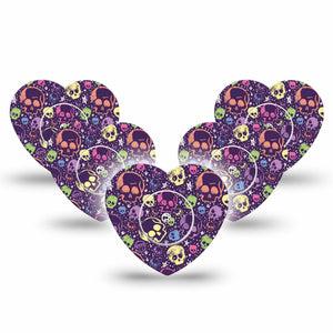 ExpressionMed Neon Skulls Freestyle Libre 2 and Libre 2 Plus Heart Shape Tape, Abbott Lingo,  5-Pack Tape and 5-Pack Sticker Luminous Glow Skull Inspired, Adhesive Patch CGM Design