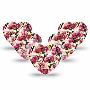 ExpressionMed Maroon Flowers Freestyle Libre 2 and Libre 2 Plus Heart Shape Tape, Abbott Lingo,  5-Pack Tape and 5-Pack Sticker Overlapping Flower Petals, Adhesive Patch CGM Design