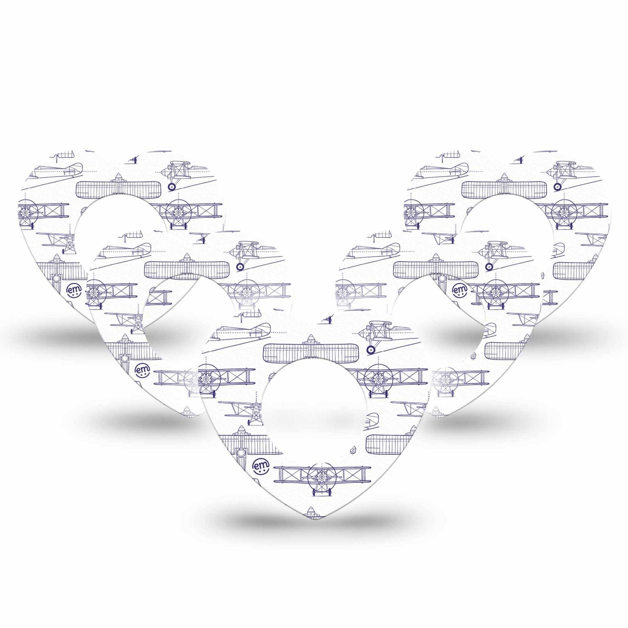 ExpressionMed Airplane Freestyle Libre 2 and Libre 2 Plus Heart Shape Tape, Abbott Lingo,  5-Pack Tape Plane Illustration Print, Adhesive Patch CGM Design