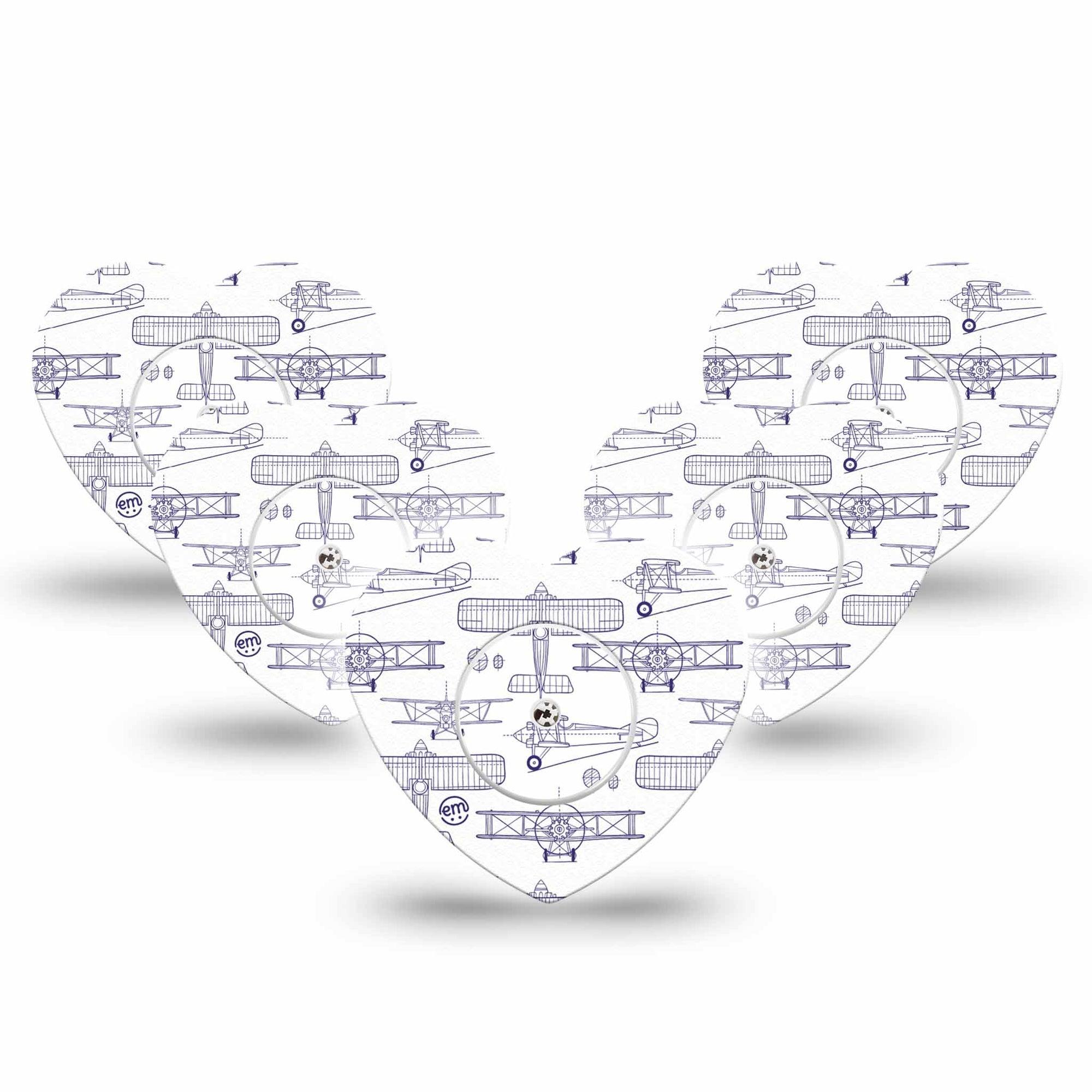 ExpressionMed Airplane Freestyle Libre 2 and Libre 2 Plus Heart Shape Tape, Abbott Lingo,  5-Pack Tape and 5-Pack Sticker Plane Illustration Print, Adhesive Patch CGM Design