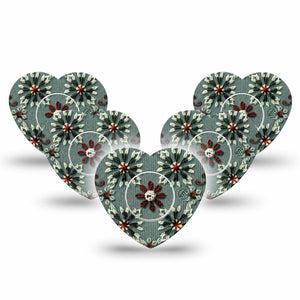 ExpressionMed Green Embroidery Freestyle Libre 2 and Libre 2 Plus Heart Shape Tape, Abbott Lingo, 5-Pack Tape and 5-Pack Sticker Threaded Textile Print, Adhesive Patch CGM Design