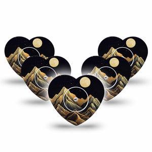 ExpressionMed Black Mountain Freestyle Libre 2 and Libre 2 Plus Heart Shape Tape, Abbott Lingo, 5-Pack Tape and 5-Pack Sticker Line-Art Desert Mountains, Adhesive Patch CGM Design