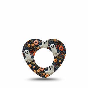 ExpressionMed Embroidered Ghost Freestyle Libre 2 and Libre 2 Plus Heart Shape Tape, Abbott Lingo, Single Tape Textile Ghosts Inspired, Adhesive Patch CGM Design