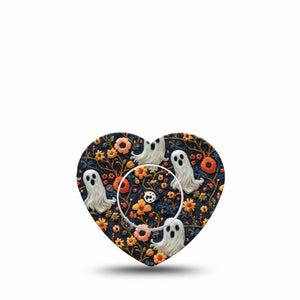 ExpressionMed Embroidered Ghost Freestyle Libre 2 and Libre 2 Plus Heart Shape Tape, Abbott Lingo, Single Tape and Single Sticker Textile Ghosts Inspired, Adhesive Patch CGM Design