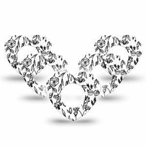 ExpressionMed Custom Black and White Floral Freestyle Libre 2 and Libre 2 Plus Heart Shape Tape, Abbott Lingo, 5-Pack Tape Artistic Florals Plaster CGM Design
