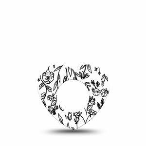 ExpressionMed Custom Black and White Floral Freestyle Libre 2 and Libre 2 Plus Heart Shape Tape, Abbott Lingo, Single Tape Unique Blossoms Plaster CGM Design
