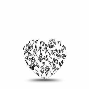ExpressionMed Custom Black and White Floral Freestyle Libre 2 and Libre 2 Plus Heart Shape Tape, Abbott Lingo, Single Tape and Single Sticker Custom Flowerwork Plaster CGM Design