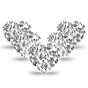 ExpressionMed Custom Black and White Floral Freestyle Libre 2 and Libre 2 Plus Heart Shape Tape, Abbott Lingo, 5-Pack Tape and 5-Pack Sticker Black White Art Plaster CGM Design