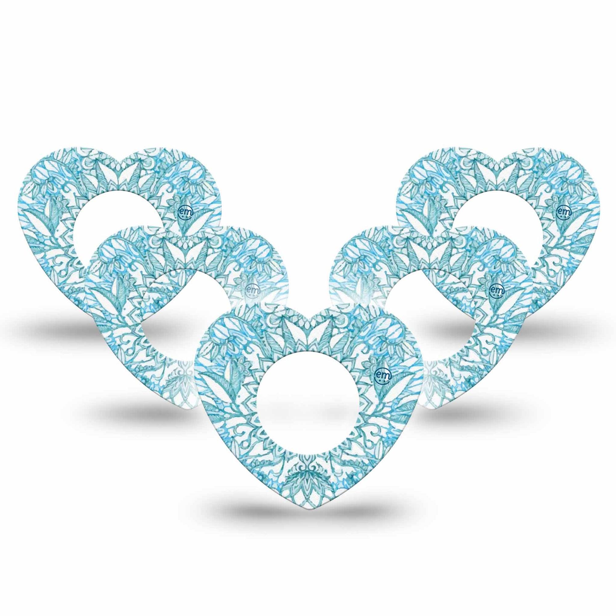 ExpressionMed Aqua Floral Freestyle Libre 2 and Libre 2 Plus Heart Shape Tape, Abbott Lingo, 5-Pack Tape Ocean Blossoms Adhesive Patch CGM Design