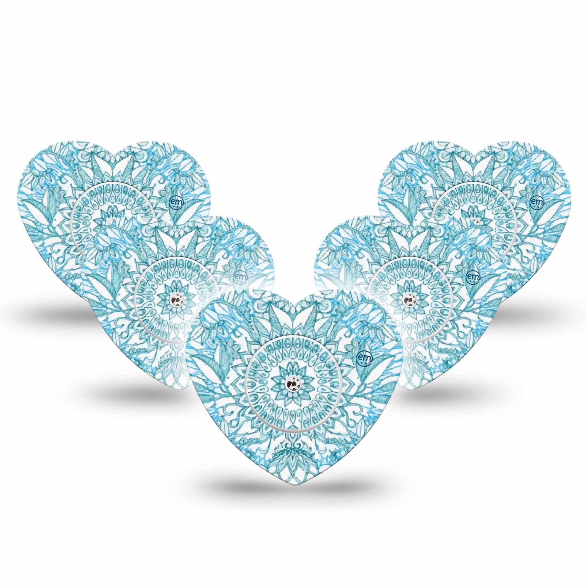 ExpressionMed Aqua Floral Freestyle Libre 2 and Libre 2 Plus Heart Shape Tape, Abbott Lingo, 5-Pack Tape and 5-Pack Sticker Azure Flowers Adhesive Patch CGM Design