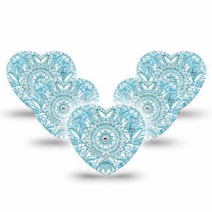 ExpressionMed Aqua Floral Freestyle Libre 2 and Libre 2 Plus Heart Shape Tape, Abbott Lingo, 5-Pack Tape and 5-Pack Sticker Azure Flowers Adhesive Patch CGM Design