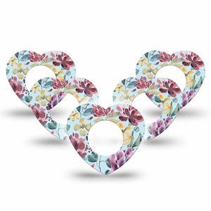ExpressionMed Botanical Blooms Freestyle Libre 2 Heart Shape Tape, Abbott Lingo, 5-Pack Watercolor Purple Floral Adhesive Patch CGM Design