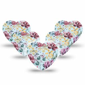 ExpressionMed Botanical Blooms Freestyle Libre 2 Heart Shape Tape, Abbott Lingo, 5-Pack Tape and 5-Pack Sticker Watercolor Purple Floral Adhesive Patch CGM Design