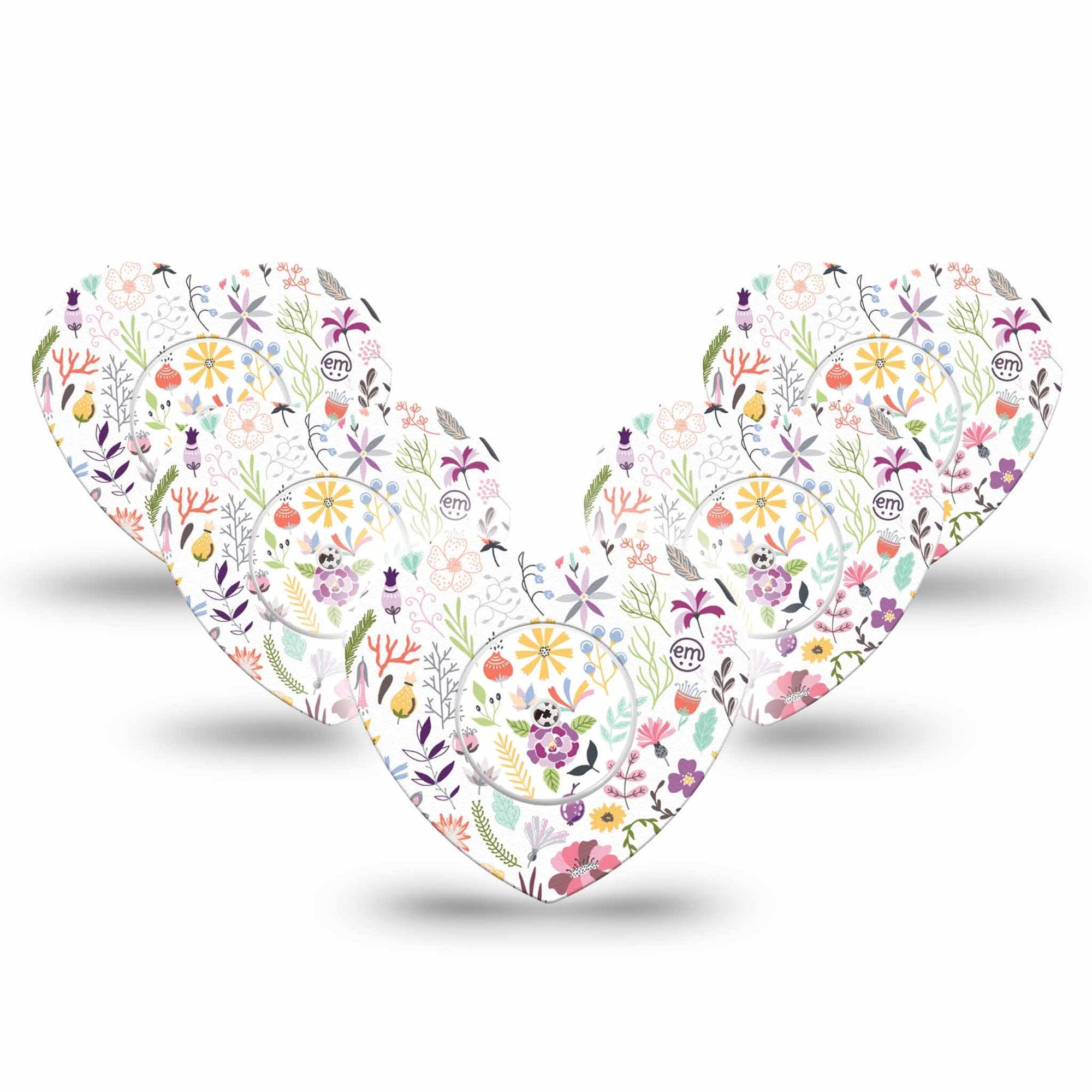 ExpressionMed Springy Stems Freestyle Libre 2 and Libre 2 Plus Heart Shape Tape, Abbott Lingo, 5-Pack Tape and 5-Pack Sticker Blooming Flowers, Fixing Ring Tape CGM Design