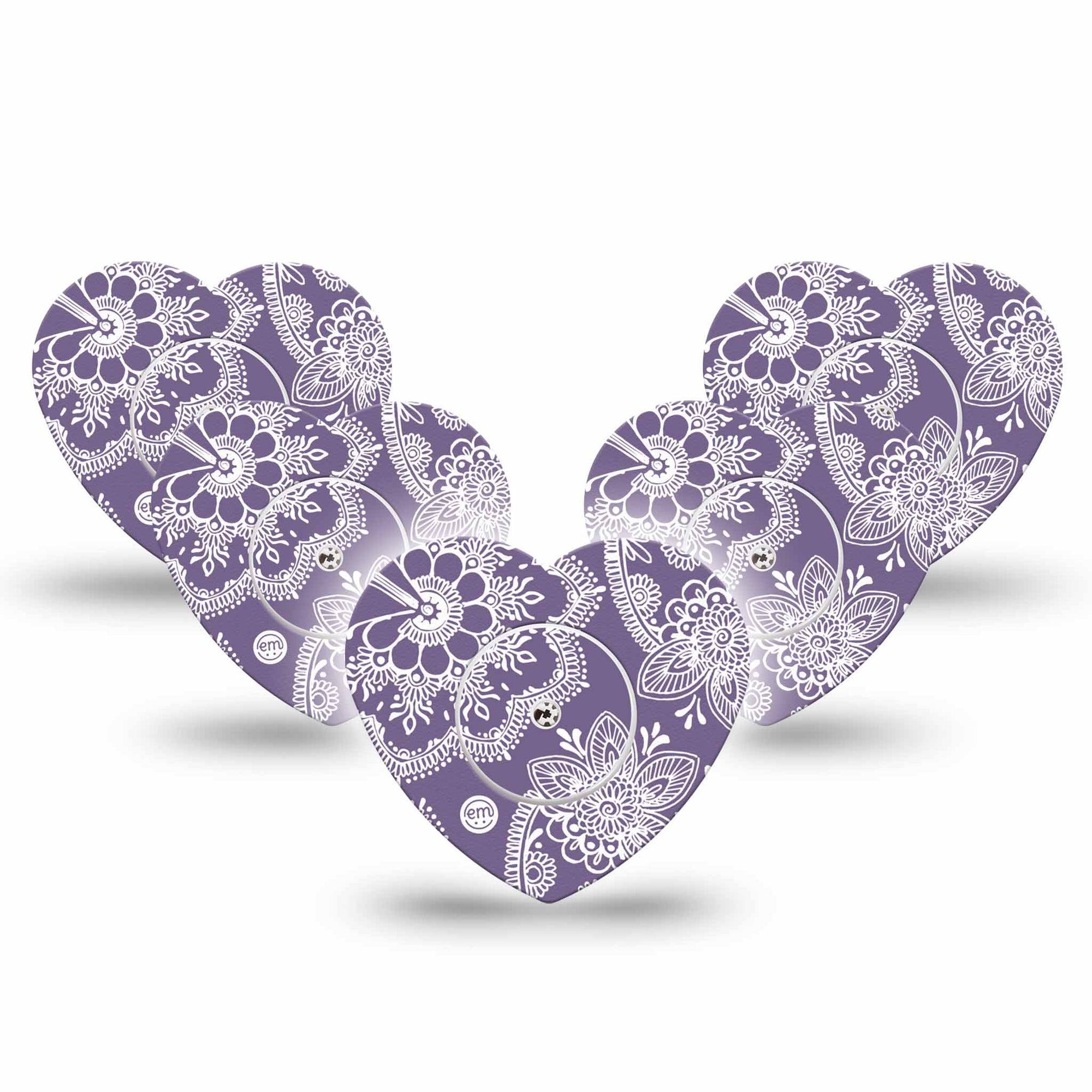 ExpressionMed Purple Henna Freestyle Libre 2 and Libre 2 Plus Heart Shape Tape, Abbott Lingo, 5-Pack Tape and 5-Pack Sticker Elegant Henna, Fixing Ring Tape CGM Design