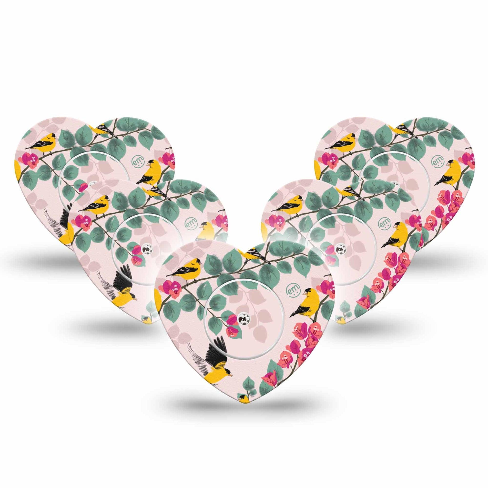 ExpressionMed Yellow Freestyle Libre 2 and Libre 2 Plus Heart Shape Tape, Abbott Lingo,  5-Pack Tape and 5-Pack Sticker Finch Singing, Adhesive Patch CGM Design