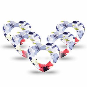ExpressionMed Red White & Blue Flowers Freestyle Libre 2 Heart Shape Tape, Abbott Lingo, 5-Pack Independence Day Adhesive Patch CGM Design