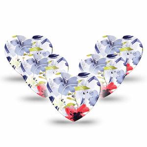 ExpressionMed Red White & Blue Flowers Freestyle Libre 2 Heart Shape Tape, Abbott Lingo, 5-Pack Independence Day Adhesive Patch CGM Design with center stickers