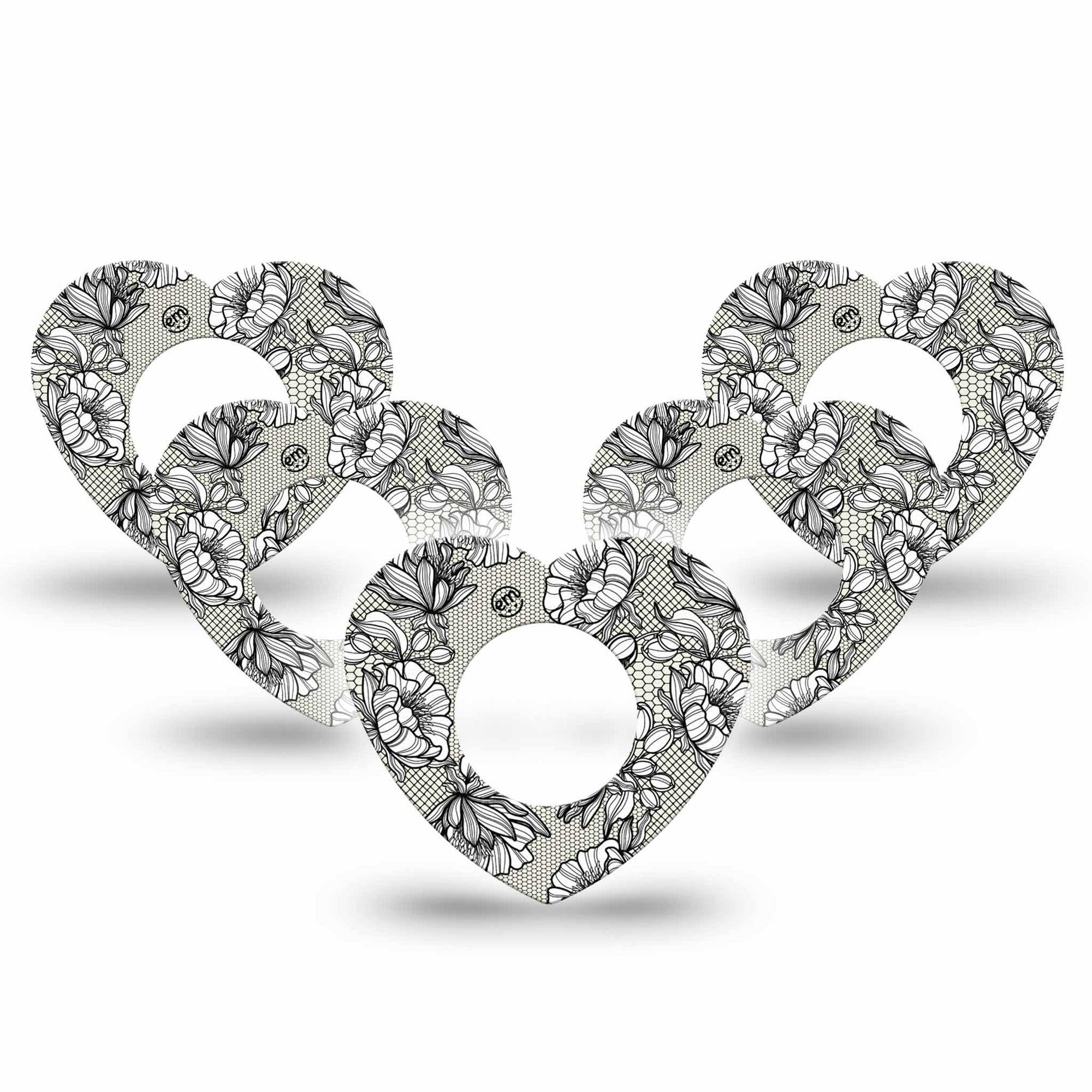 ExpressionMed Black Lace Freestyle Libre 2 and Libre 2 Plus Heart Shape Tape, Abbott Lingo,  5-Pack Tape Chic Fabric, Adhesive Patch CGM Design