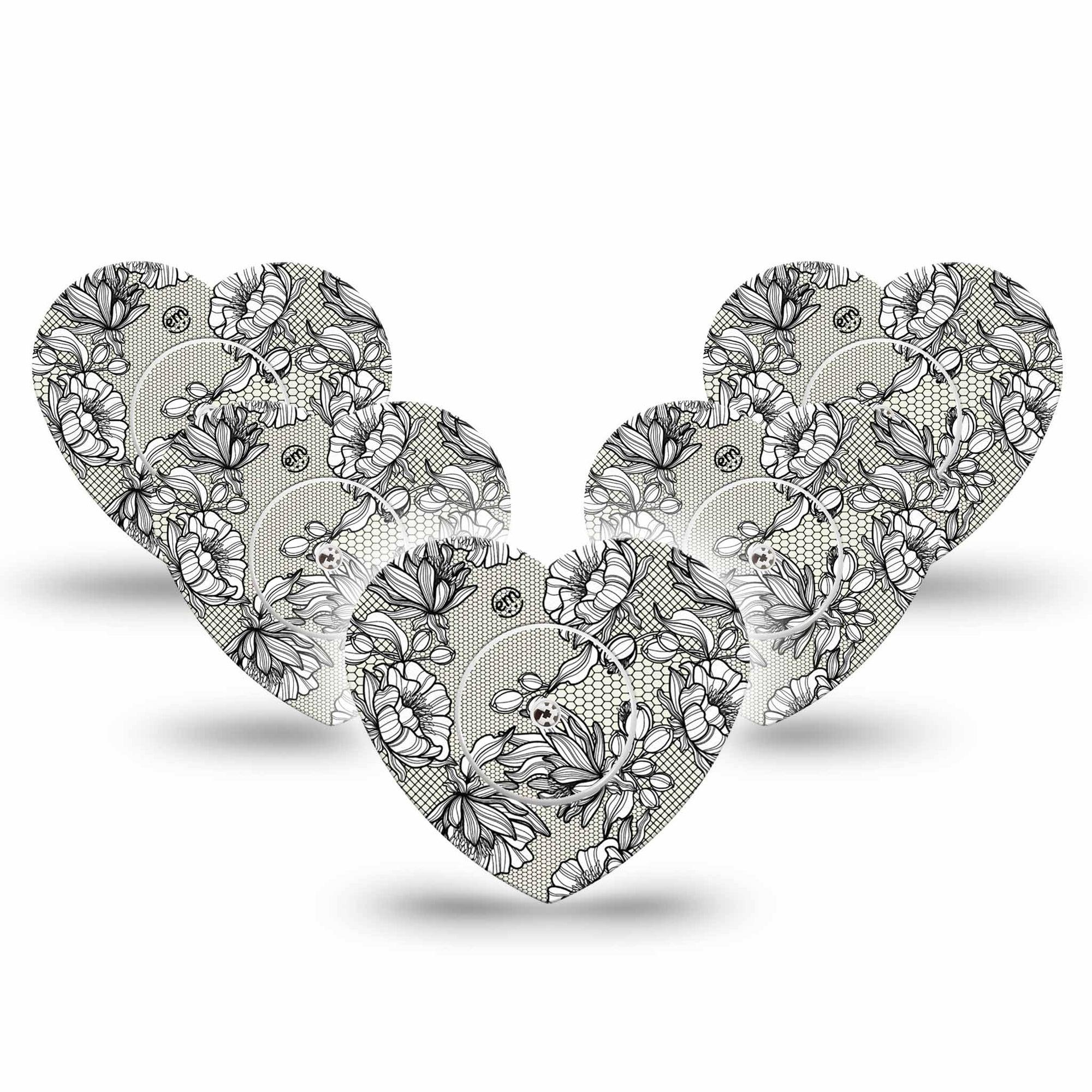 ExpressionMed Black Lace Freestyle Libre 2 and Libre 2 Plus Heart Shape Tape, Abbott Lingo,  5-Pack Tape and 5-Pack Sticker Vintage Lace, Adhesive Patch CGM Design