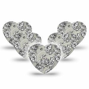 ExpressionMed Black Lace Freestyle Libre 2 and Libre 2 Plus Heart Shape Tape, Abbott Lingo,  5-Pack Tape and 5-Pack Sticker Vintage Lace, Adhesive Patch CGM Design