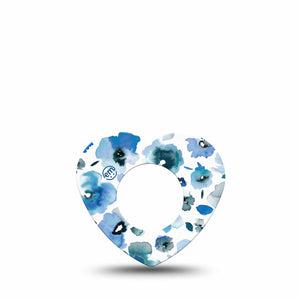 ExpressionMed Sapphire Petals Freestyle Libre 2 Heart Shape Tape, Abbott Lingo, Single Turquoise floral fabric Adhesive Patch CGM Design