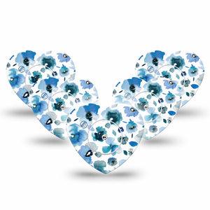 ExpressionMed Sapphire Petals Freestyle Libre 2 Heart Shape Tape, Abbott Lingo, 5-Pack Tape and 5-Pack Sticker Blue Colored Florals Inspired Adhesive Patch CGM Design