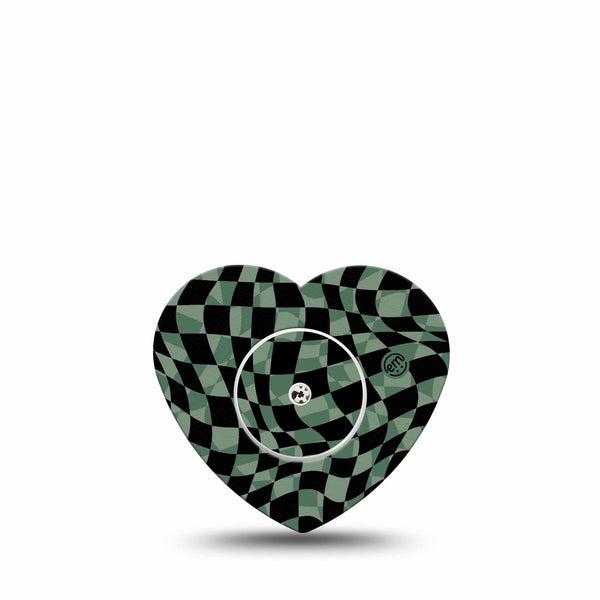ExpressionMed Green & Black Checkerboard Freestyle Libre 2 Heart Shape Tape, Abbott Lingo,  Single Tape Green & Black Adhesive Patch CGM Design with center sticker