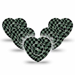ExpressionMed Green & Black Checkerboard Freestyle Libre 2 Heart Shape Tape, Abbott Lingo,  5-Pack Chessboard Scheme Adhesive Patch CGM Design with center stickers