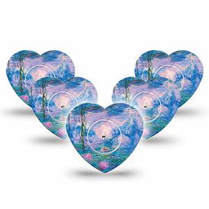 ExpressionMed Monet Water Lilies Freestyle Libre 2 and Libre 2 Plus Heart Shape Tape, Abbott Lingo, 5-Pack Tape and 5-Pack Sticker Flower Reflections, Fixing Ring Tape CGM Design